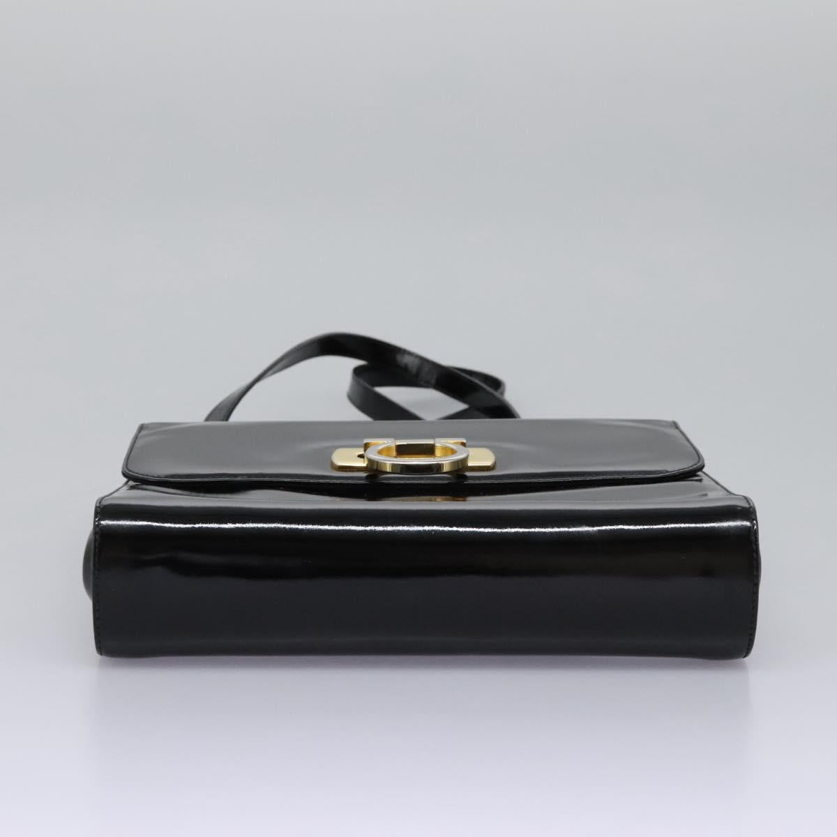 Salvatore Ferragamo Gancini Shoulder Bag Enamel Black Gold Auth 112878