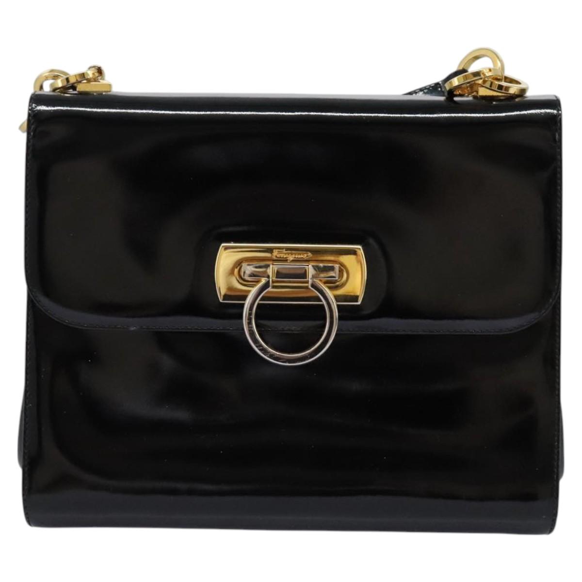 Salvatore Ferragamo Gancini Shoulder Bag Enamel Black Gold Auth 112878