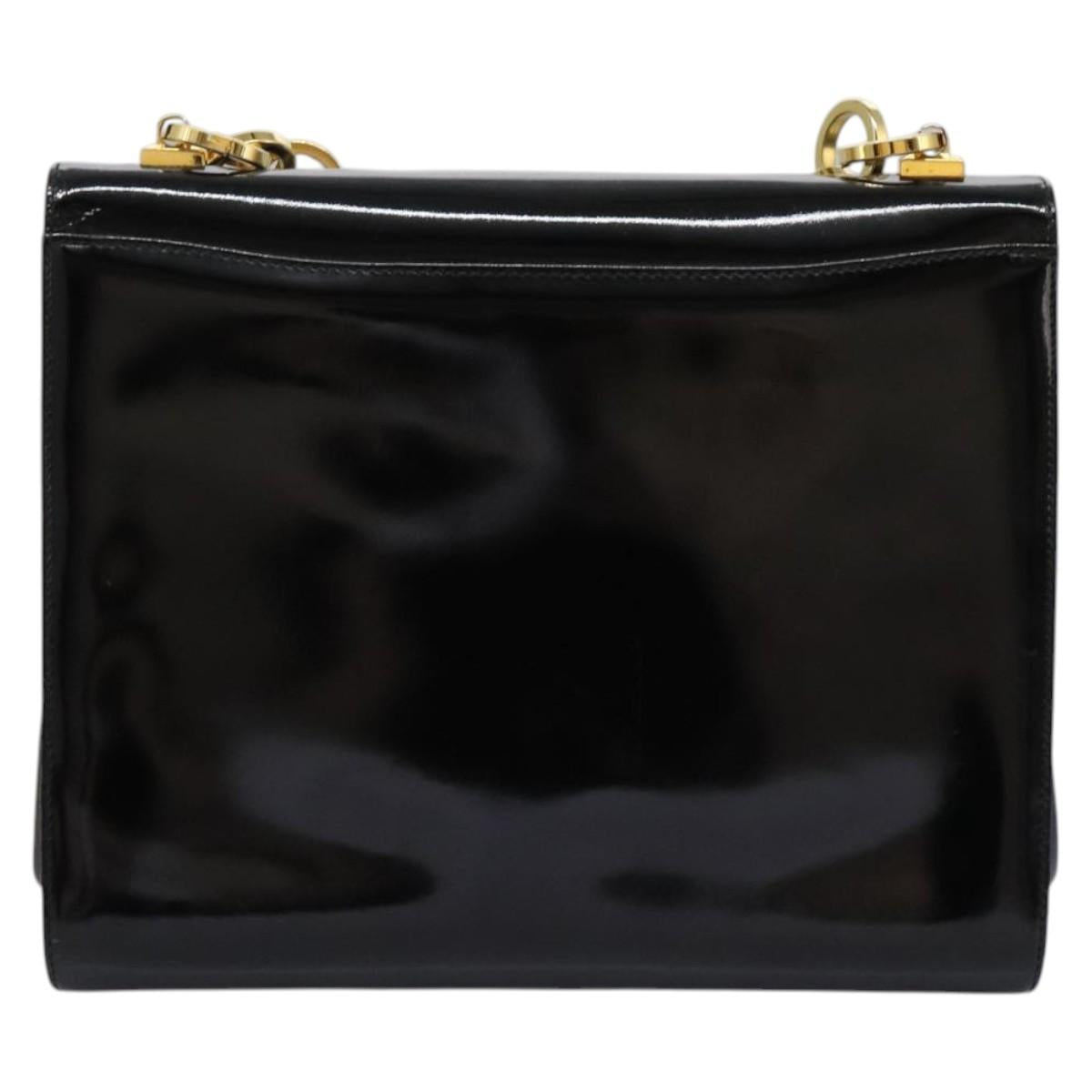 Salvatore Ferragamo Gancini Shoulder Bag Enamel Black Gold Auth 112878