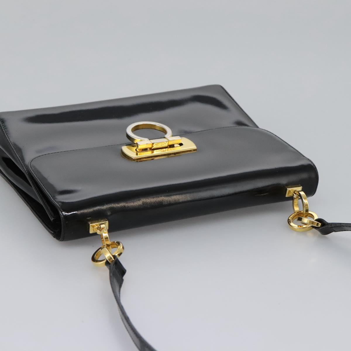 Salvatore Ferragamo Gancini Shoulder Bag Enamel Black Gold Auth 112878