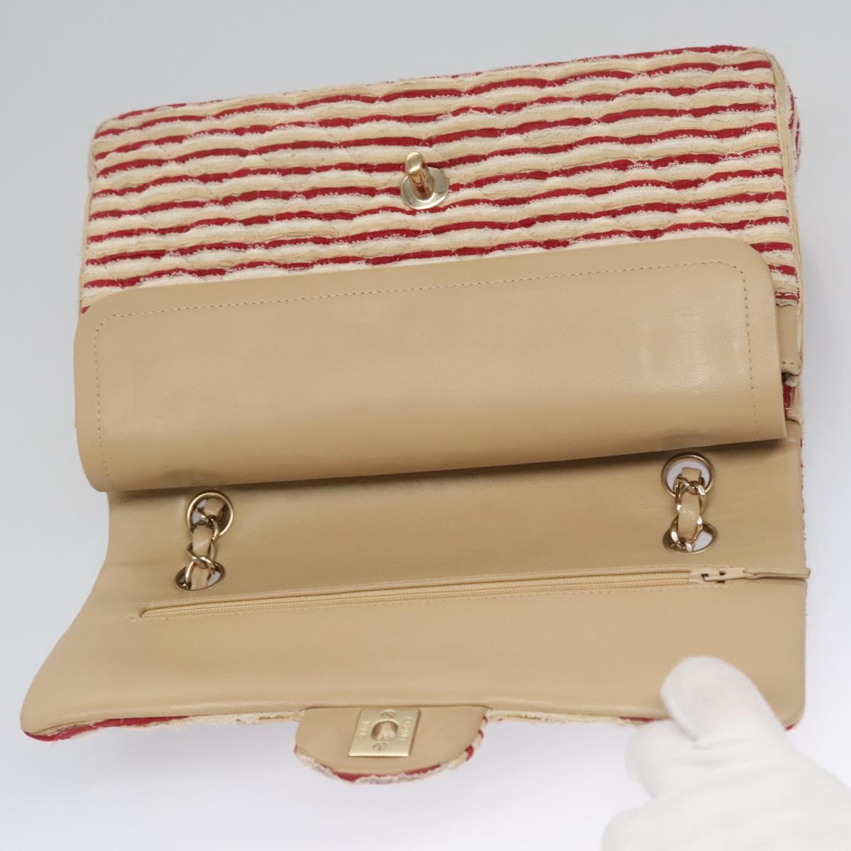 CHANEL Matelasse 25 Border Double Flap Chain Hand Cotton Red CC Auth 112984V