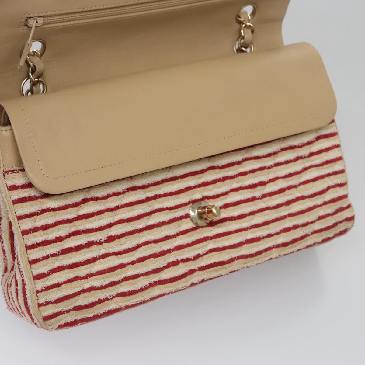 CHANEL Matelasse 25 Border Double Flap Chain Hand Cotton Red CC Auth 112984V