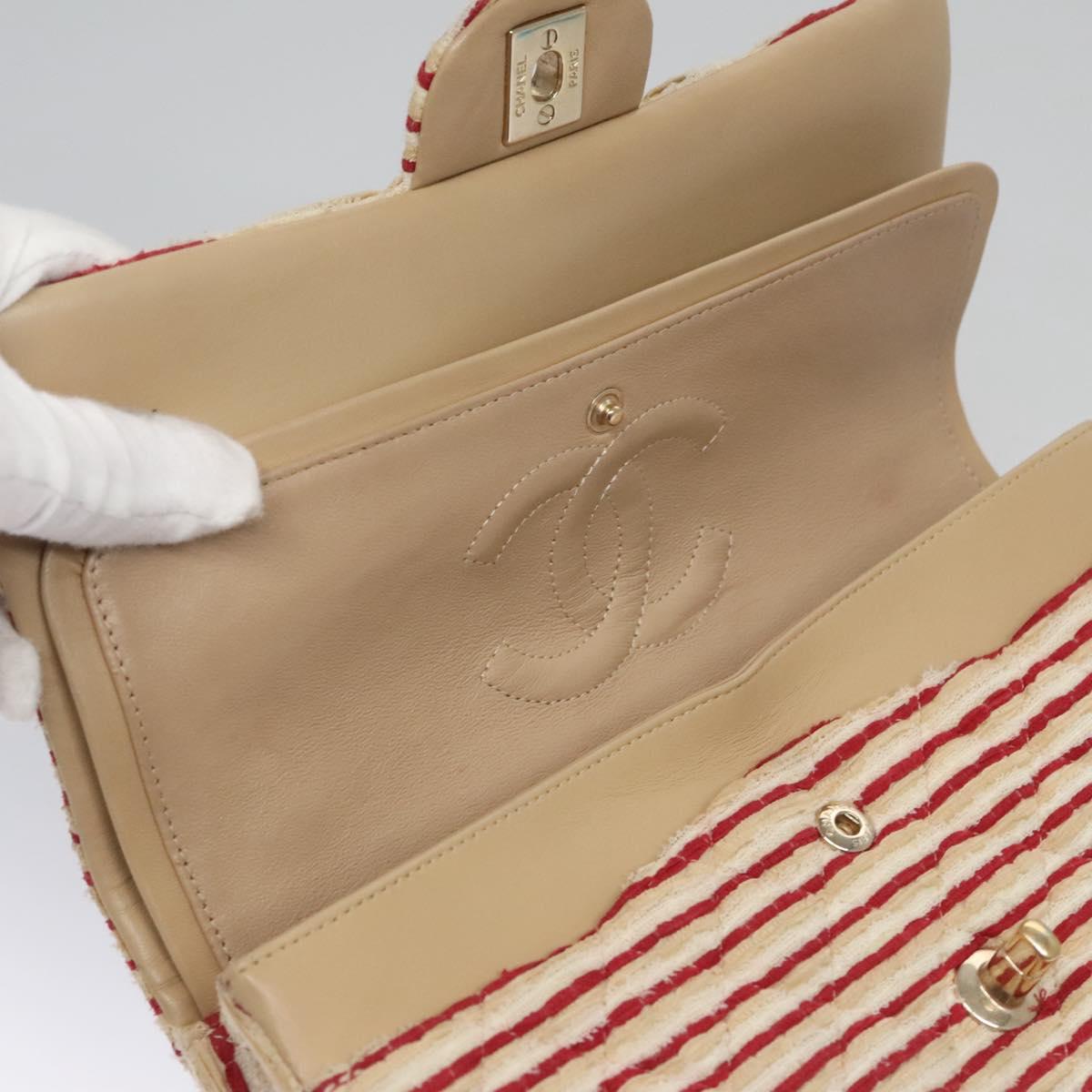 CHANEL Matelasse 25 Border Double Flap Chain Hand Cotton Red CC Auth 112984V