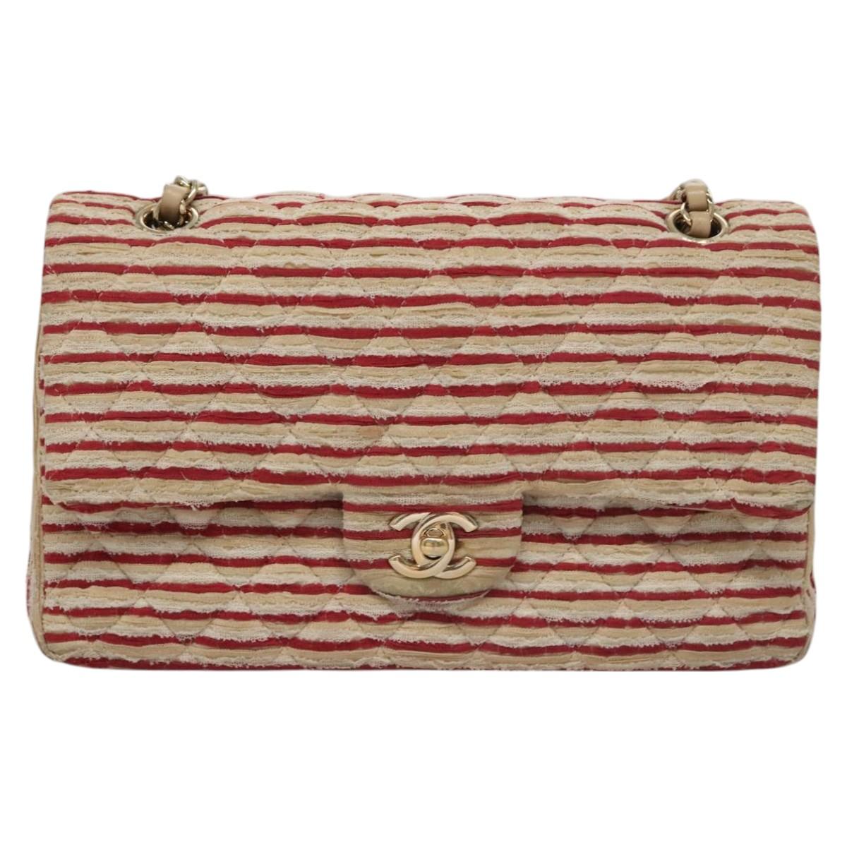CHANEL Matelasse 25 Border Double Flap Chain Hand Cotton Red CC Auth 112984V