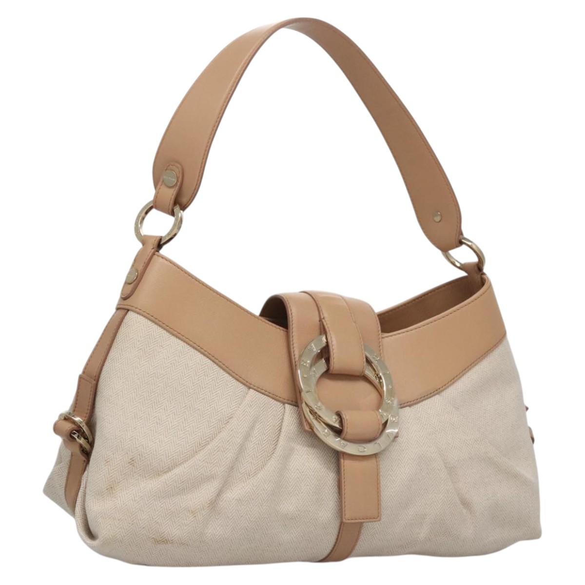 BVLGARI Chandra Shoulder Bag Canvas Beige Auth 113047