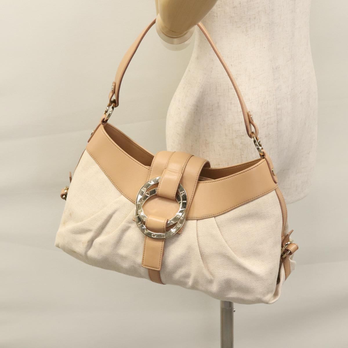 BVLGARI Chandra Shoulder Bag Canvas Beige Auth 113047