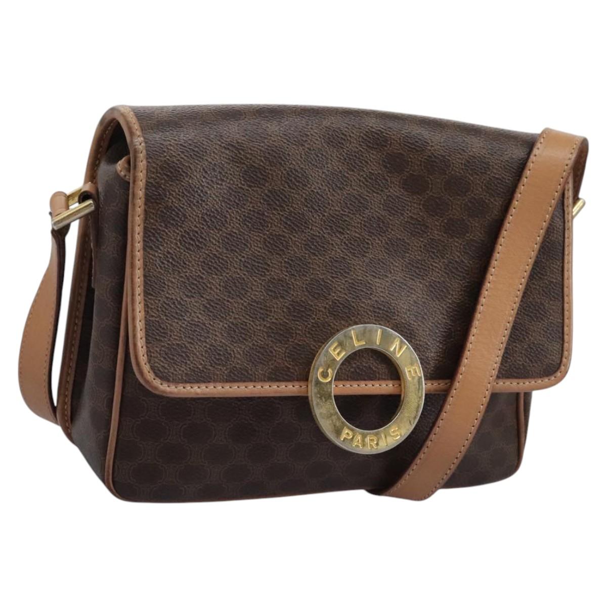 CELINE Macadam Canvas Shoulder Bag PVC Leather Brown Gold Auth 113071