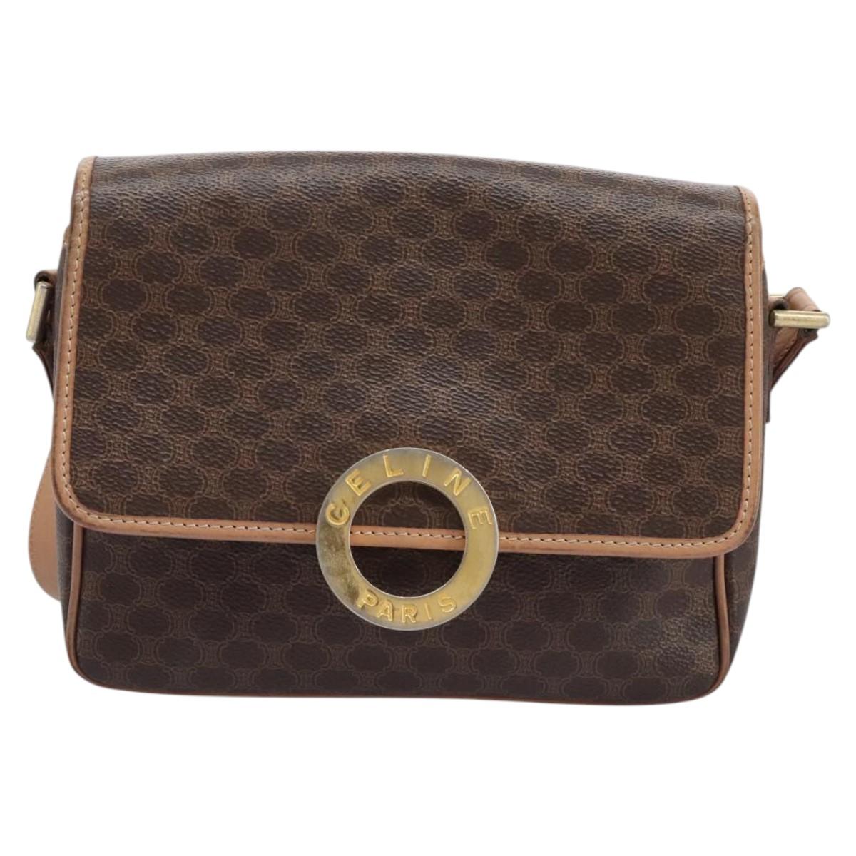 CELINE Macadam Canvas Shoulder Bag PVC Leather Brown Gold Auth 113071