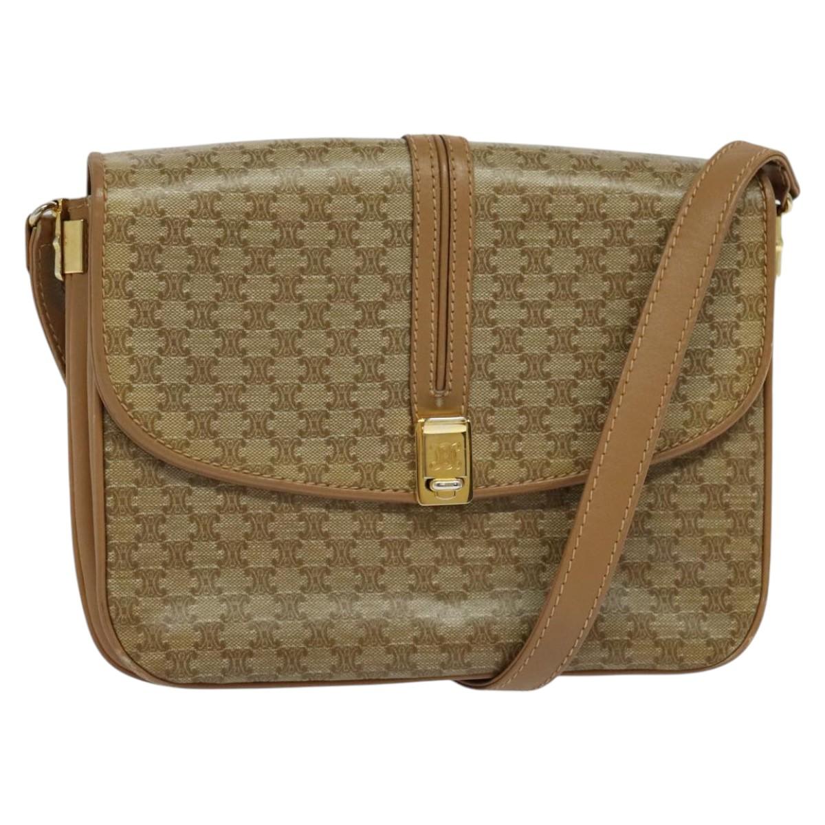 CELINE Macadam Canvas Shoulder Bag PVC Leather Beige Auth 113087