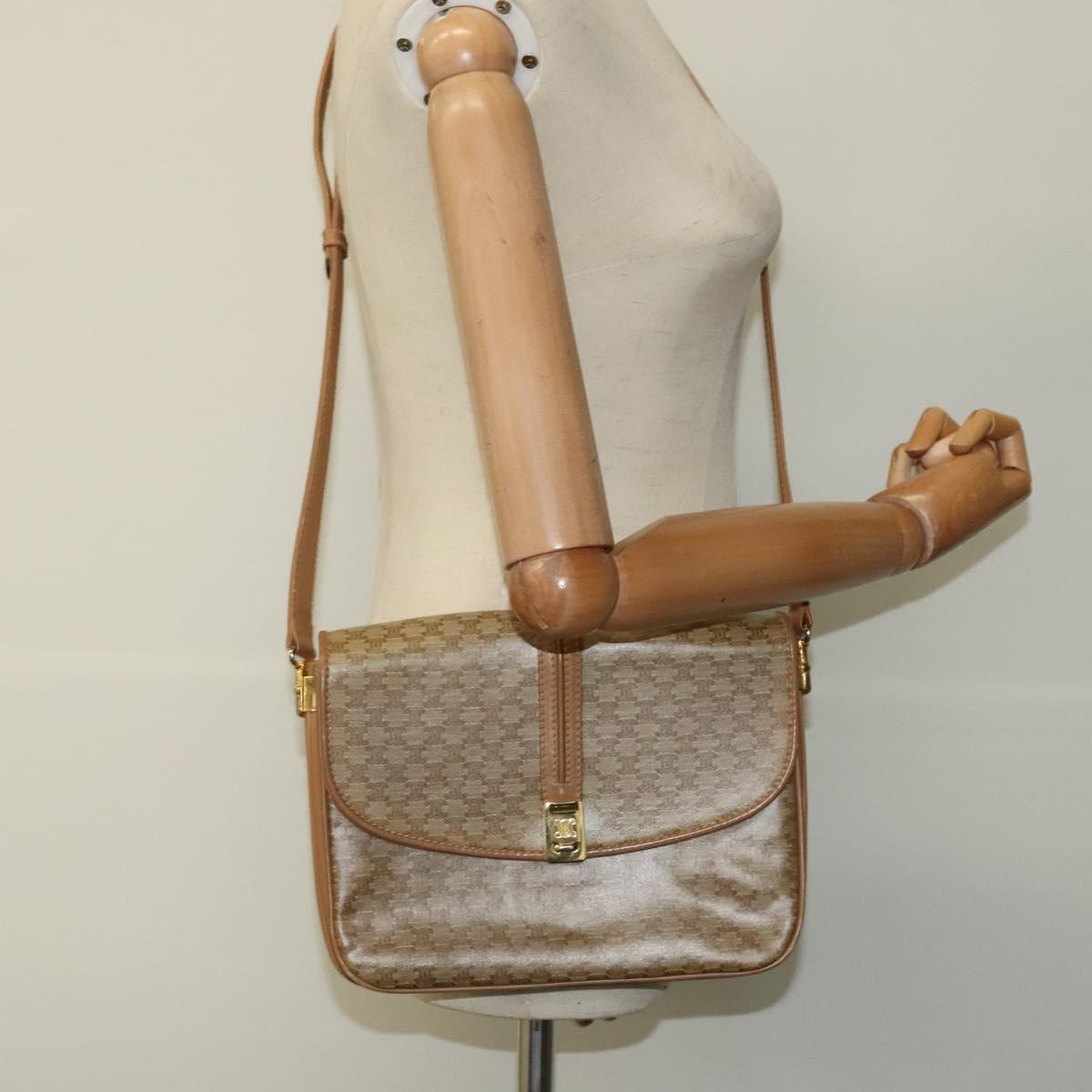CELINE Macadam Canvas Shoulder Bag PVC Leather Beige Auth 113087