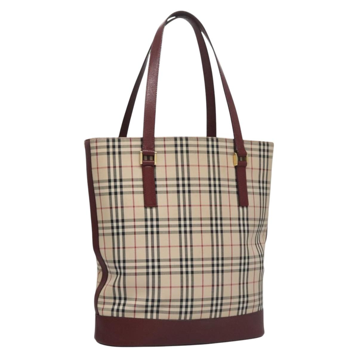 BURBERRY Nova Check Tote Bag Canvas Beige Red Auth 113236