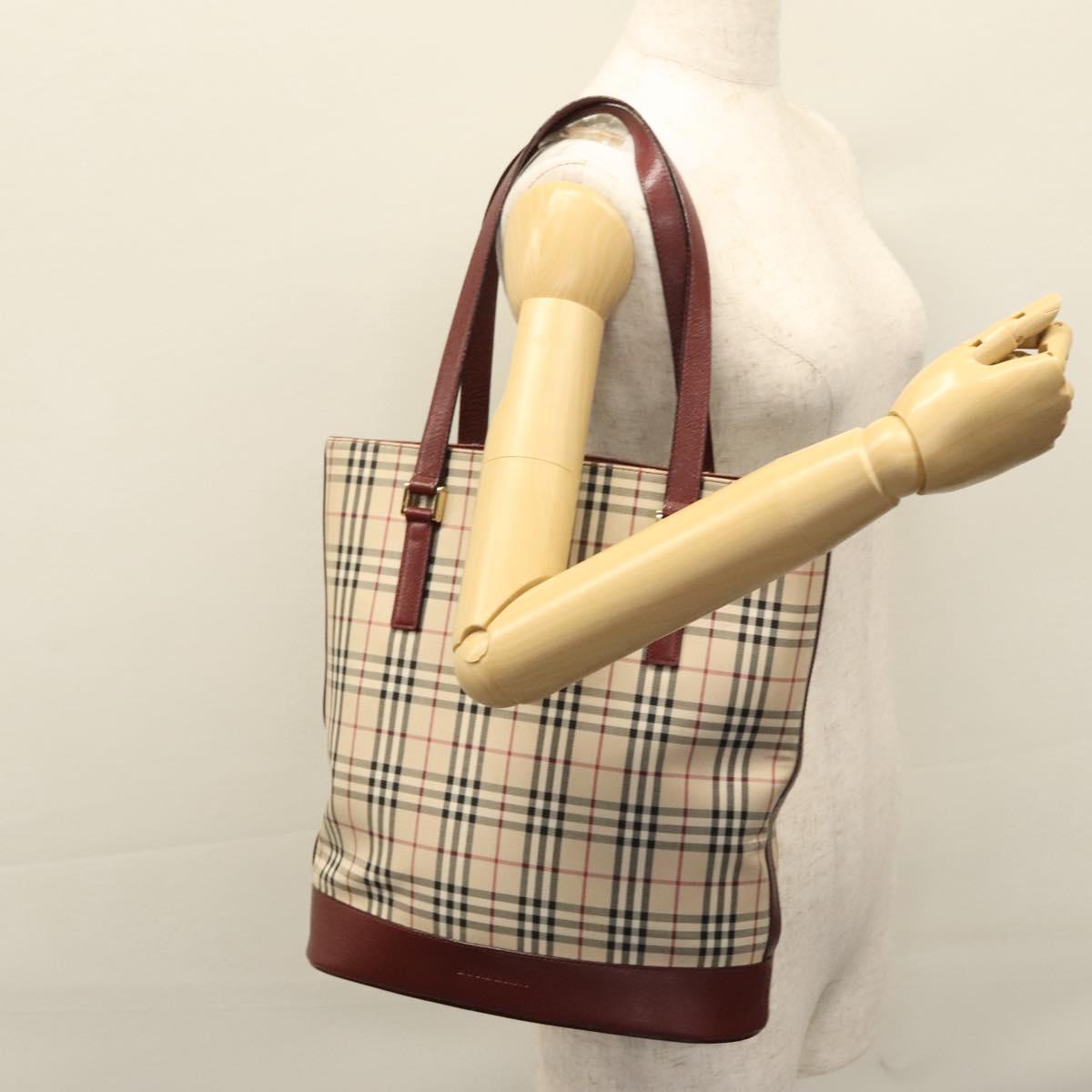 BURBERRY Nova Check Tote Bag Canvas Beige Red Auth 113236