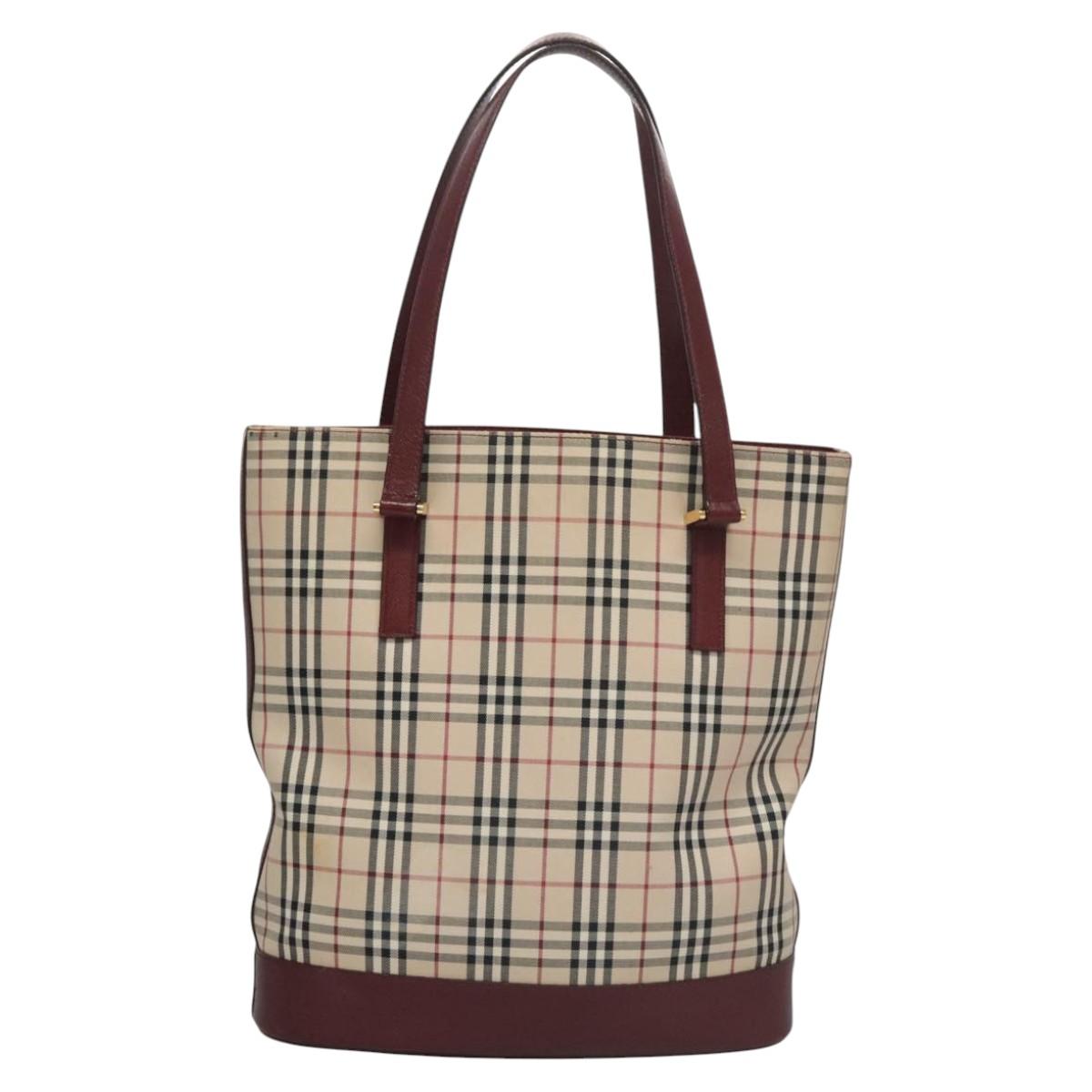BURBERRY Nova Check Tote Bag Canvas Beige Red Auth 113236