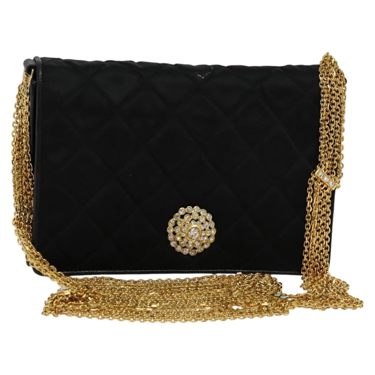 CHANEL Matelasse Chain Shoulder Bag Satin Black Gold CC Auth 113270AV