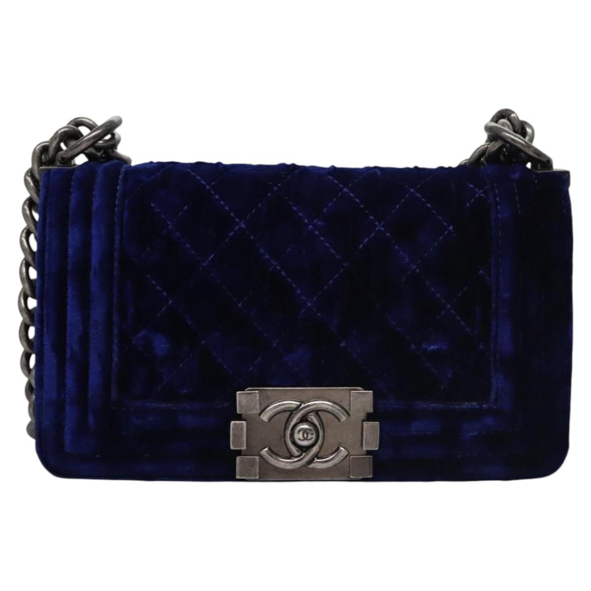 CHANEL Chain Boy Chanel Shoulder Bag Velor Blue CC Auth 113273