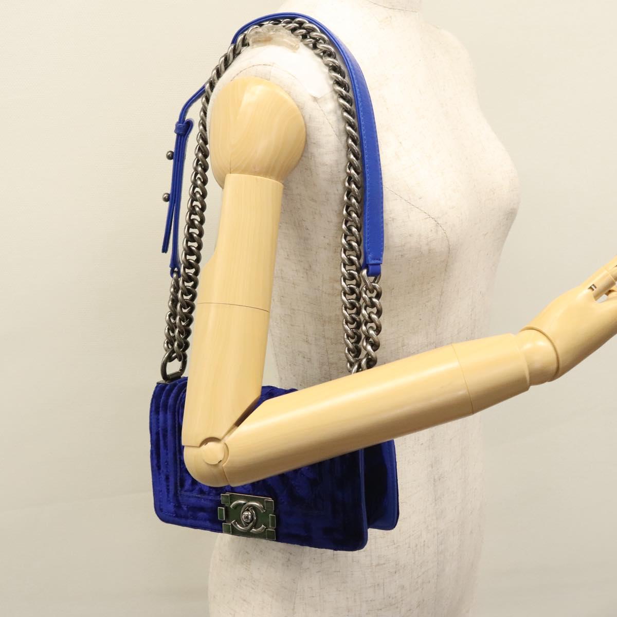 CHANEL Chain Boy Chanel Shoulder Bag Velor Blue CC Auth 113273