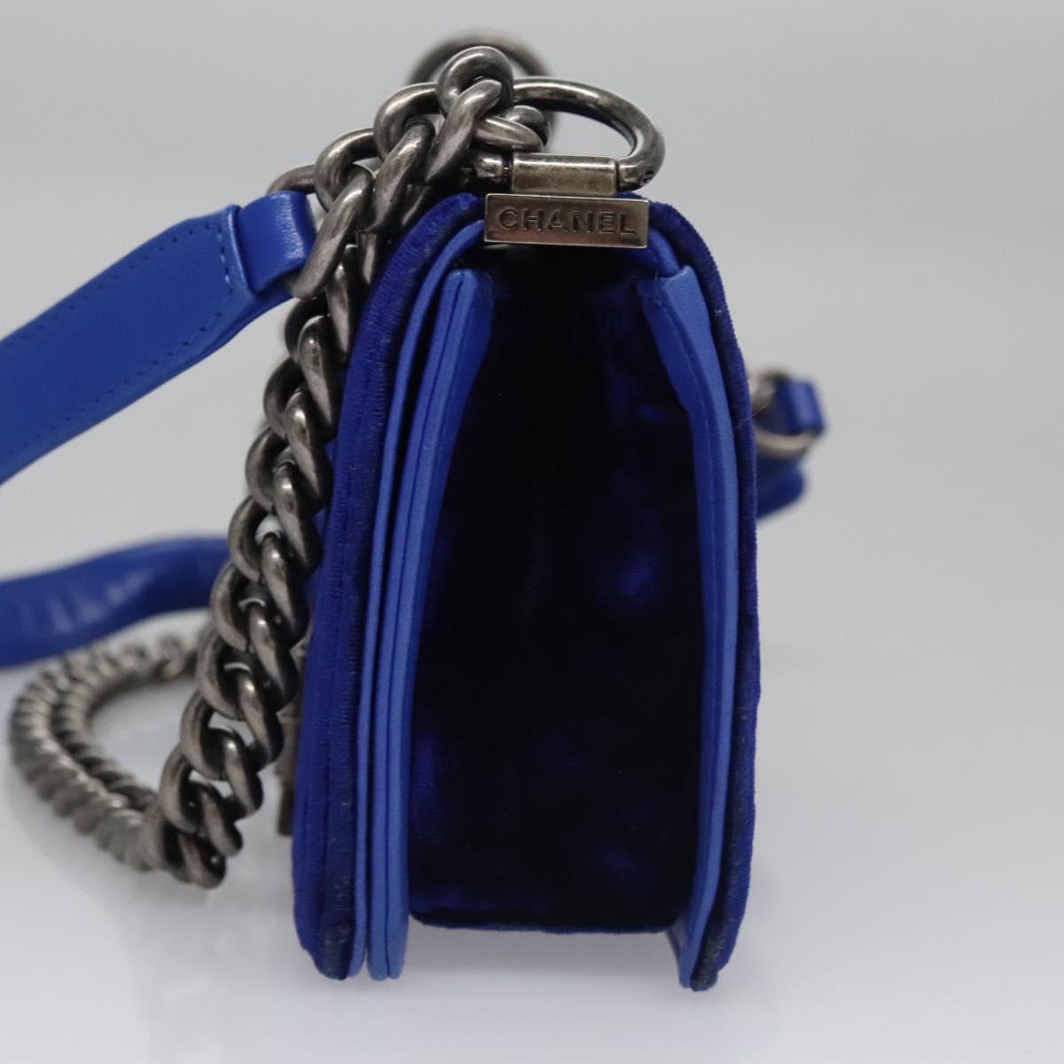 CHANEL Chain Boy Chanel Shoulder Bag Velor Blue CC Auth 113273