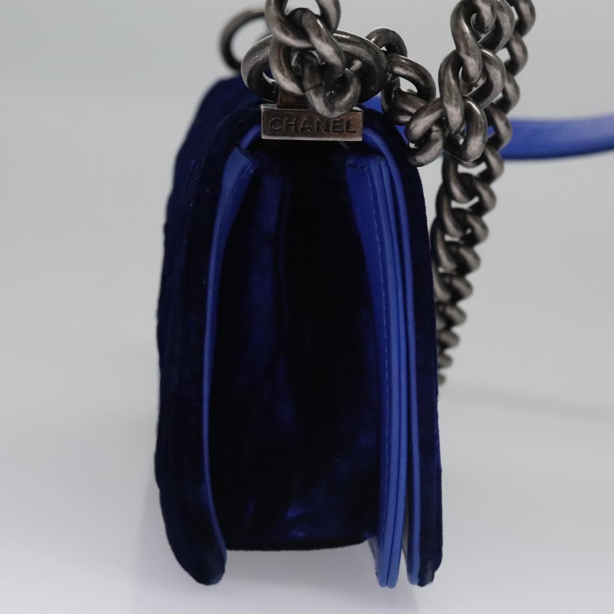 CHANEL Chain Boy Chanel Shoulder Bag Velor Blue CC Auth 113273