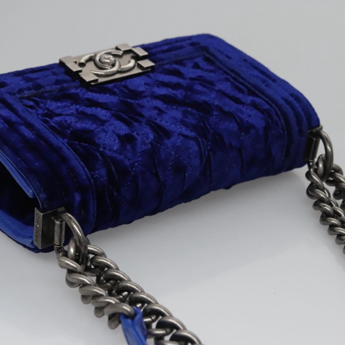 CHANEL Chain Boy Chanel Shoulder Bag Velor Blue CC Auth 113273