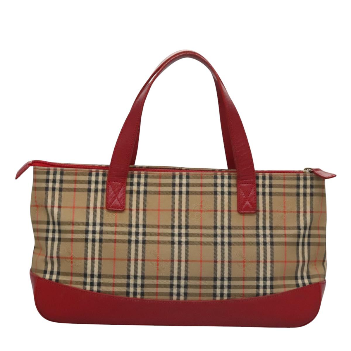 BURBERRY Nova Check Hand Bag Canvas Beige Red Auth 113293