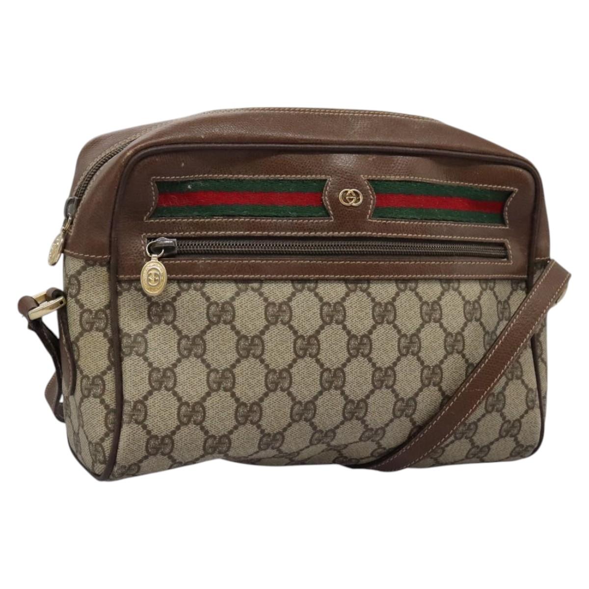 GUCCI GG Supreme Web Sherry Line Shoulder Bag PVC Beige Gold Auth 113303
