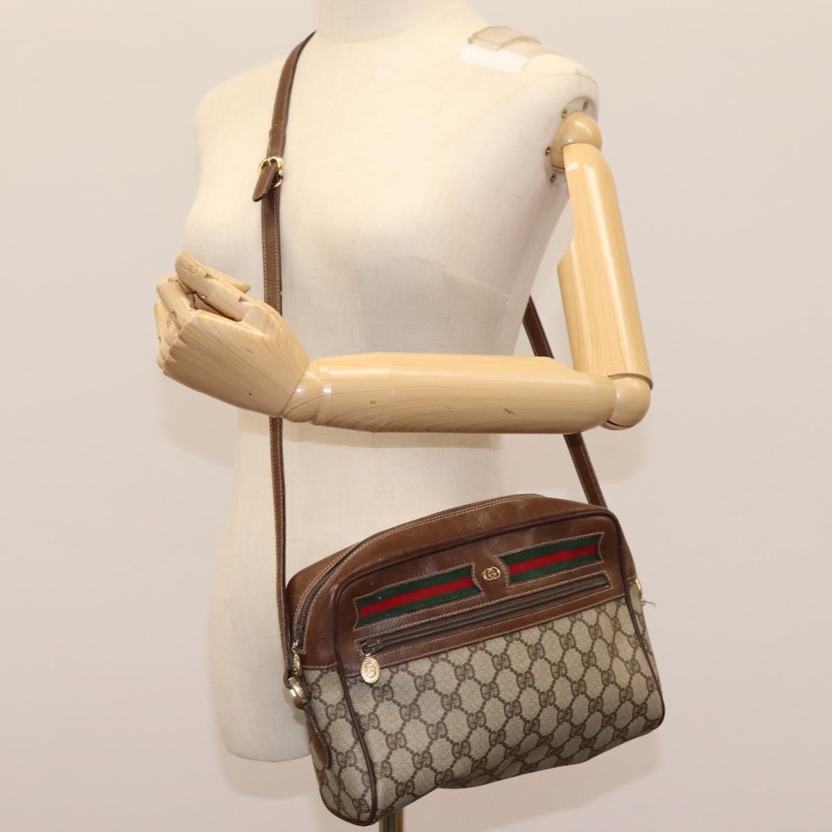 GUCCI GG Supreme Web Sherry Line Shoulder Bag PVC Beige Gold Auth 113303