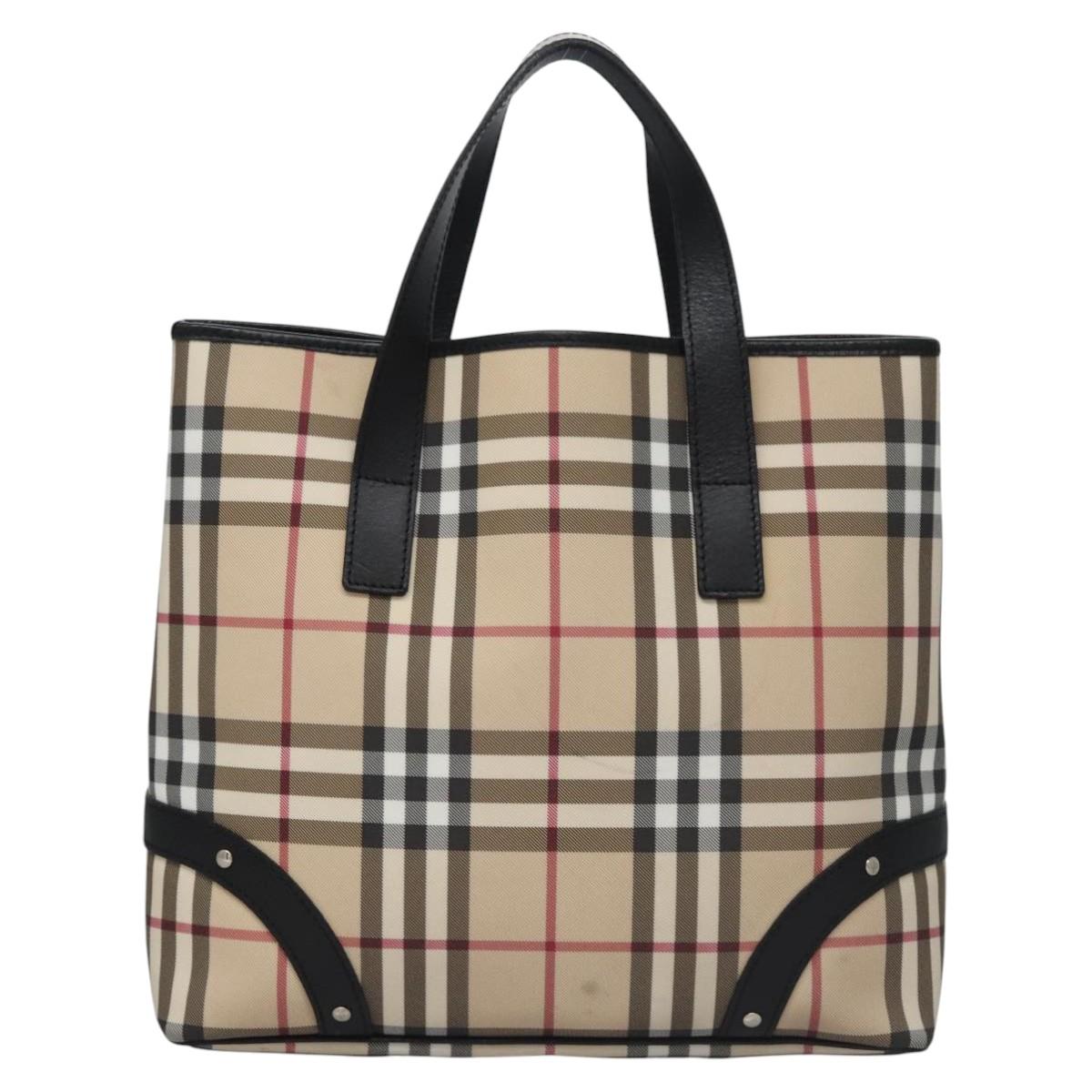 BURBERRY Nova Check Hand Bag PVC Beige Black Silver Auth 113312