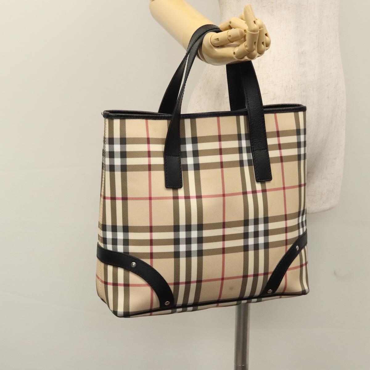 BURBERRY Nova Check Hand Bag PVC Beige Black Silver Auth 113312
