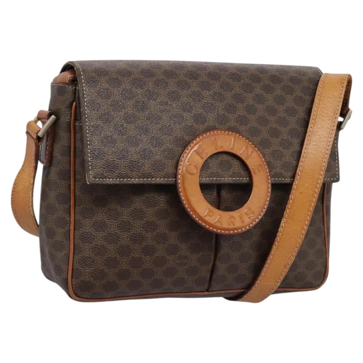 CELINE Macadam Canvas Circle Shoulder Bag PVC Leather Brown Gold Auth 113331