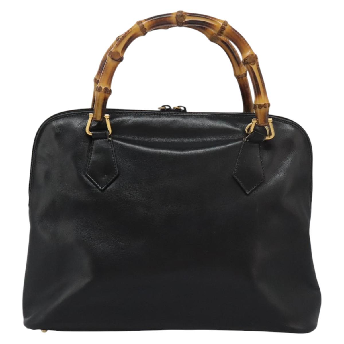 GUCCI Bamboo Hand Bag Leather 2way Black Gold 000 1186 0289 Auth 113468