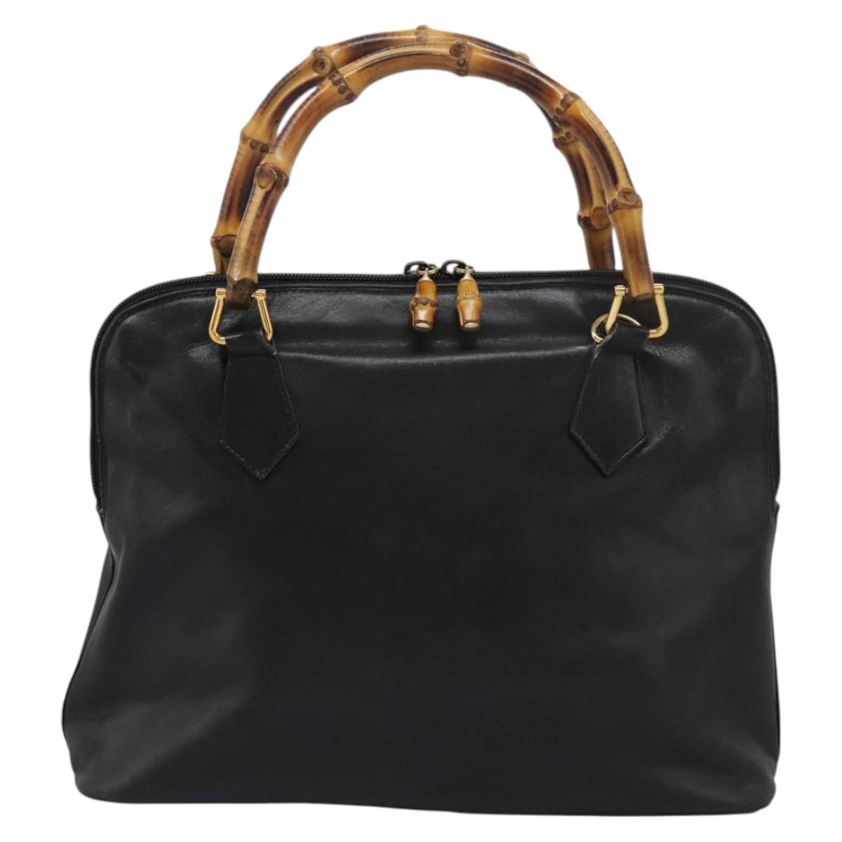GUCCI Bamboo Hand Bag Leather 2way Black Gold 000 1186 0289 Auth 113468