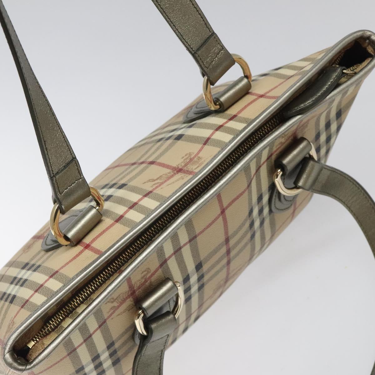 BURBERRY Nova Check Tote Bag PVC Leather Beige Silver Auth 113769
