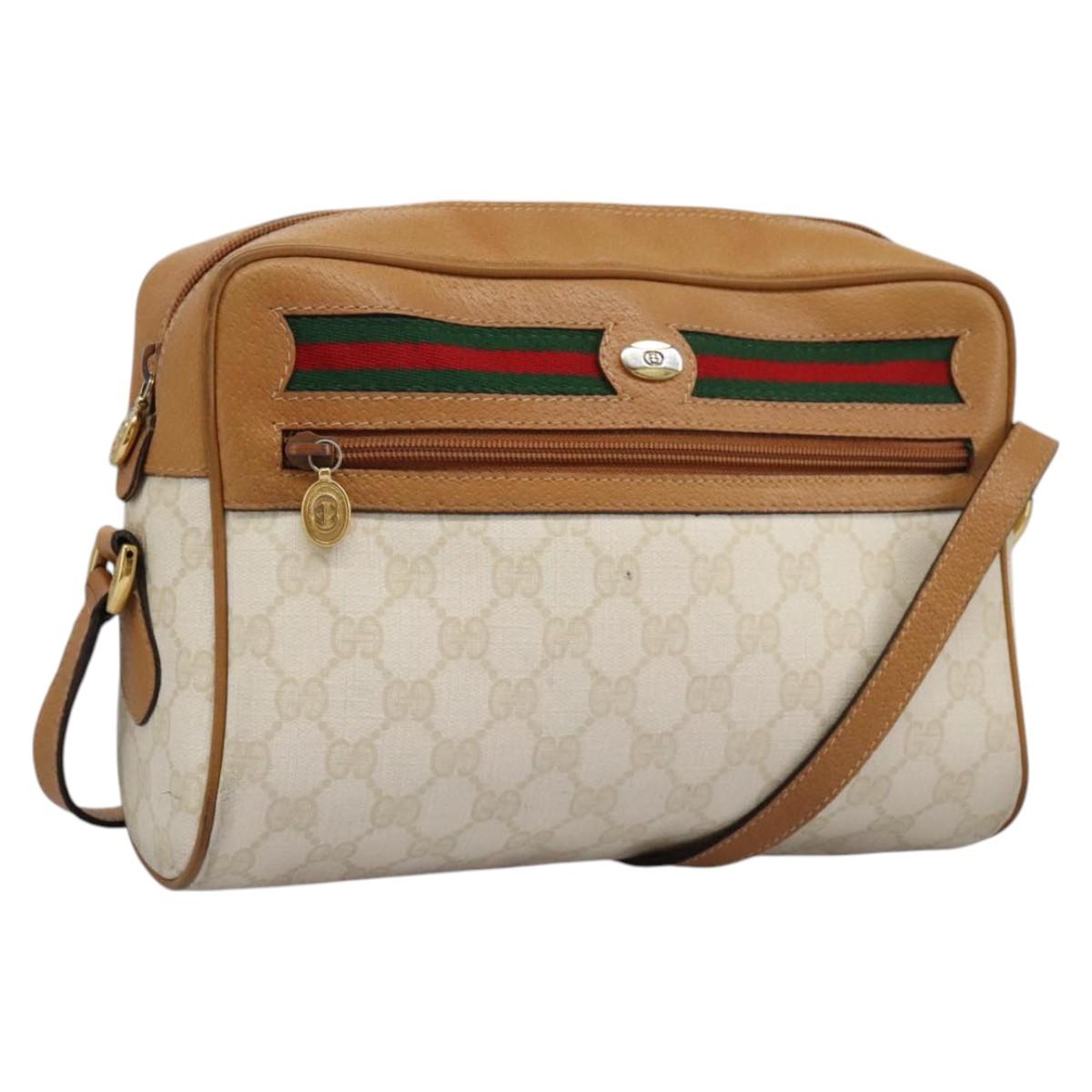 GUCCI GG Supreme Web Sherry Line Shoulder Bag PVC Beige Gold Auth 113857