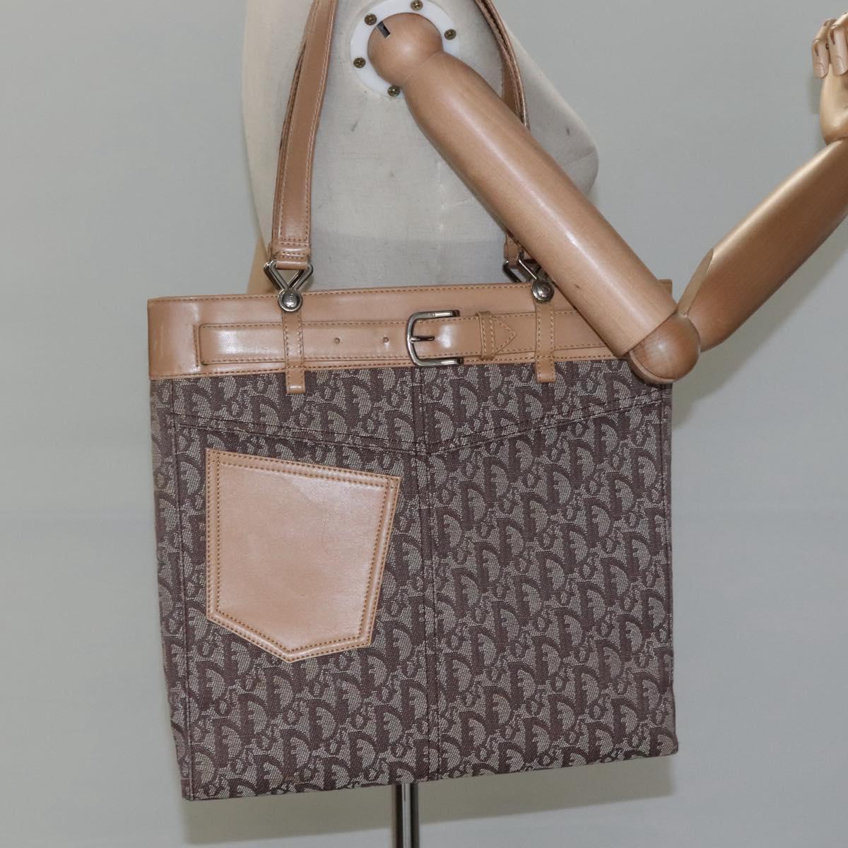 Christian Dior Trotter Canvas Tote Bag Brown Beige Silver Auth 113862