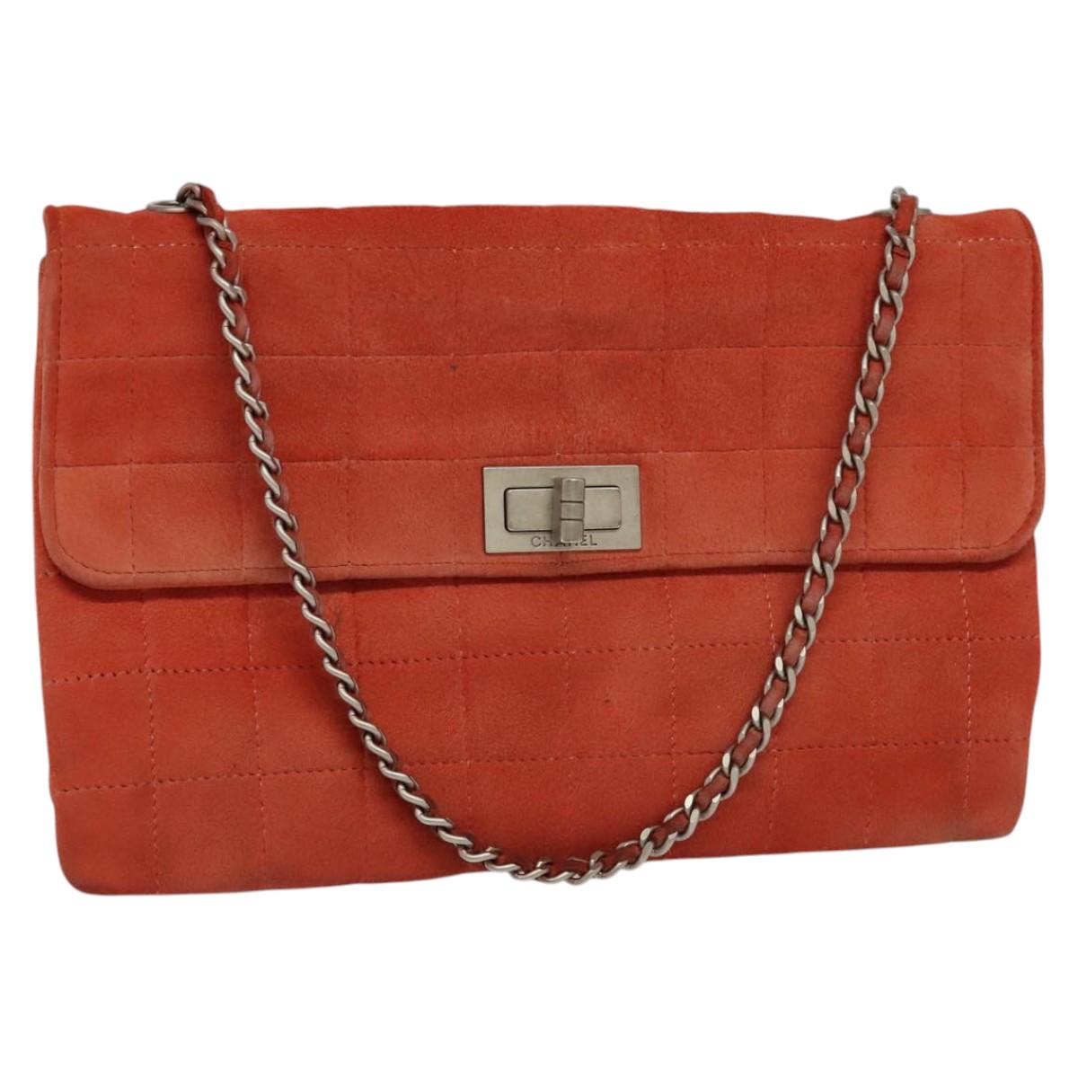 CHANEL Choco Bar Chain Shoulder Bag Suede Red CC Auth 113865