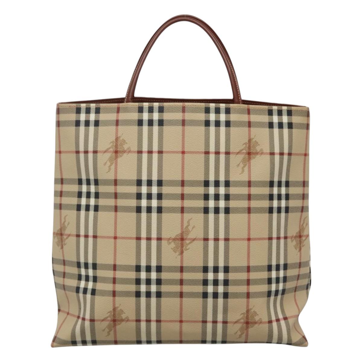 BURBERRY Nova Check Hand Bag PVC Leather Beige Auth 113948