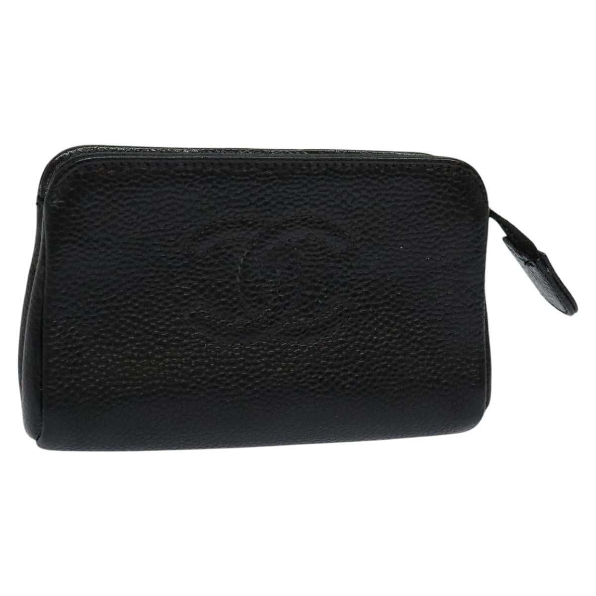 CHANEL COCO Mark Pouch Caviar Skin Black Gold CC Auth 114009