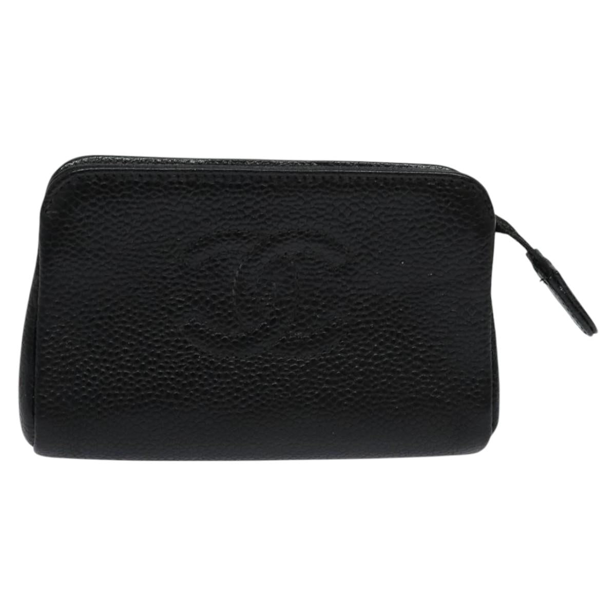 CHANEL COCO Mark Pouch Caviar Skin Black Gold CC Auth 114009