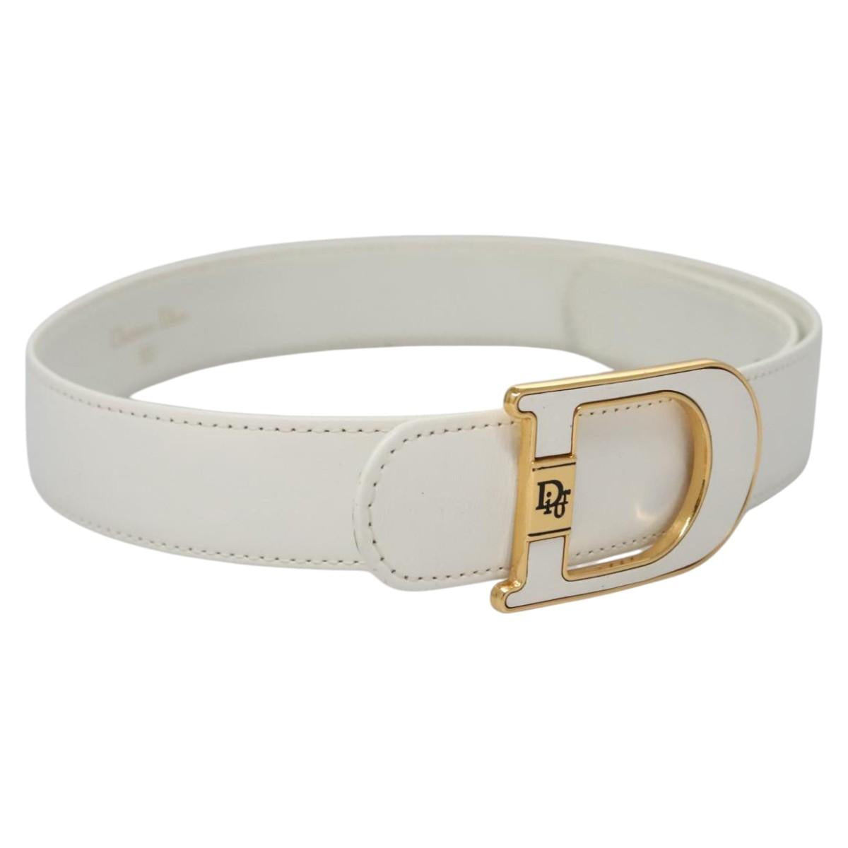 Christian Dior Adjustable Belt Leather 23.6""-26.4"" White Gold Auth 114033