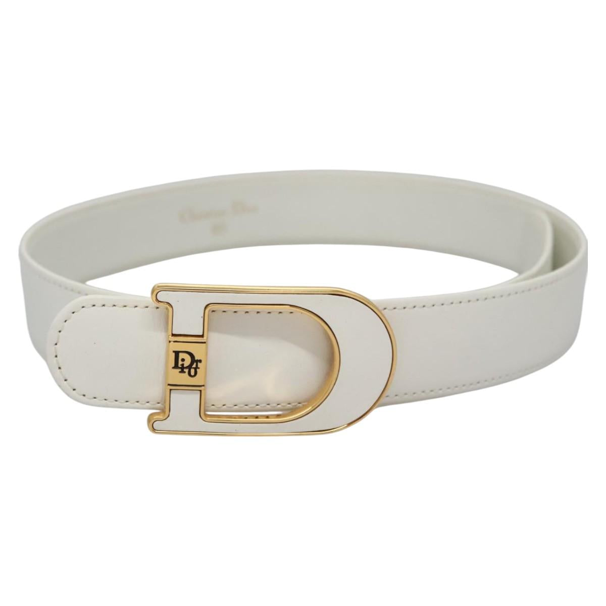 Christian Dior Adjustable Belt Leather 23.6""-26.4"" White Gold Auth 114033