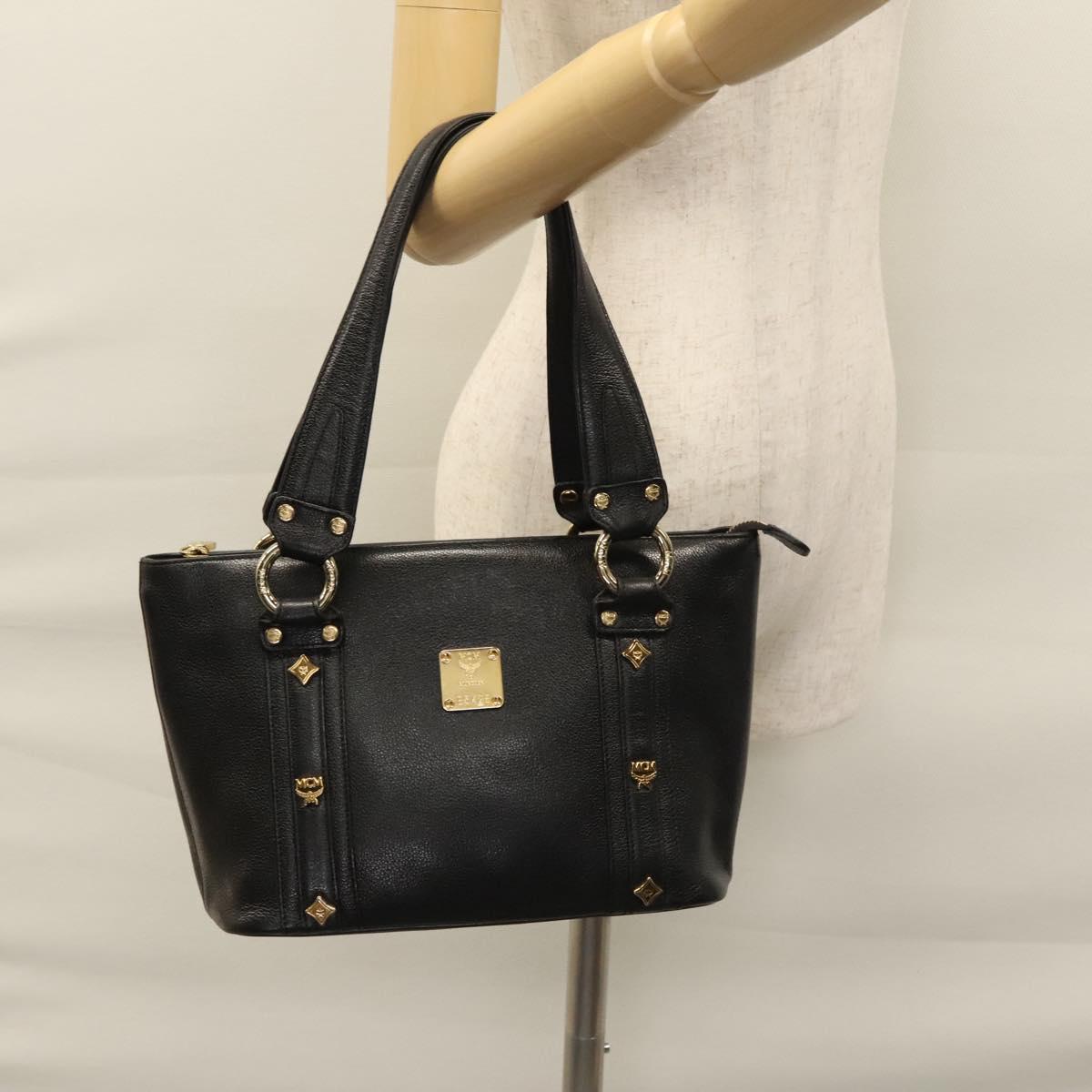 MCM Tote Bag Leather Black Gold Auth 114097