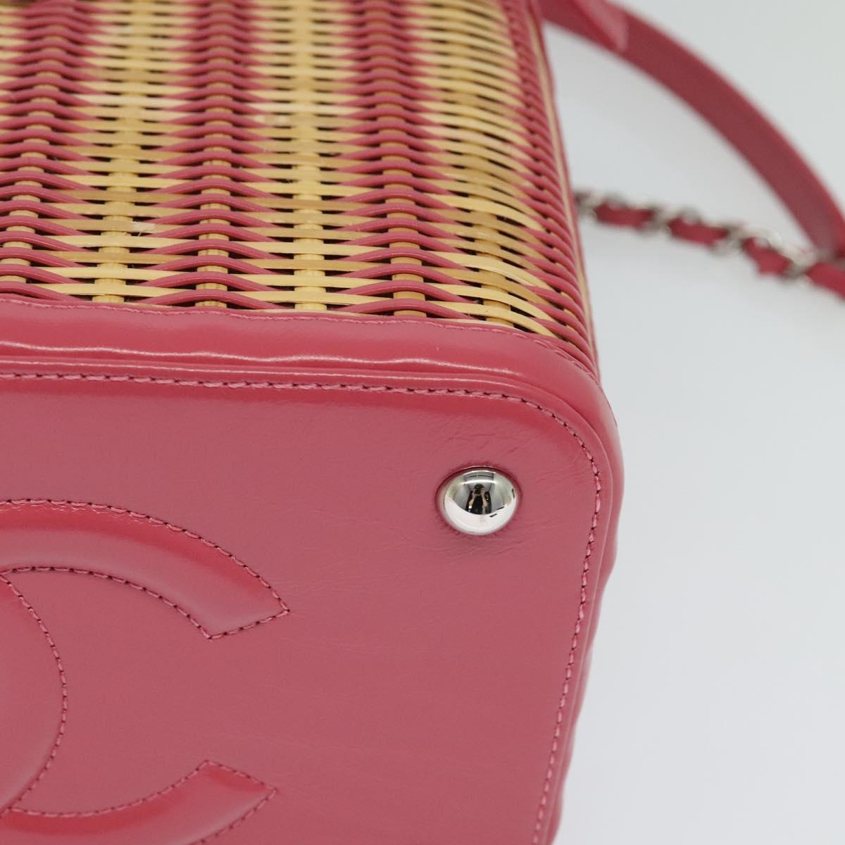 CHANEL Wicker Vanity Chain Shoulder Bag Rattan 2way Pink Silver CC Auth 114200AM