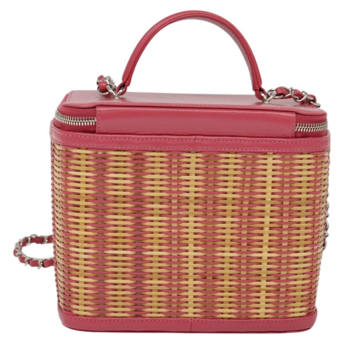 CHANEL Wicker Vanity Chain Shoulder Bag Rattan 2way Pink Silver CC Auth 114200AM