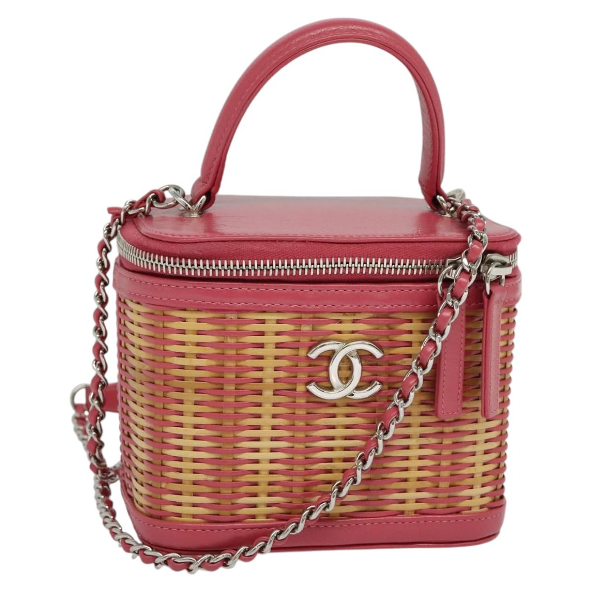CHANEL Wicker Vanity Chain Shoulder Bag Rattan 2way Pink Silver CC Auth 114201AM