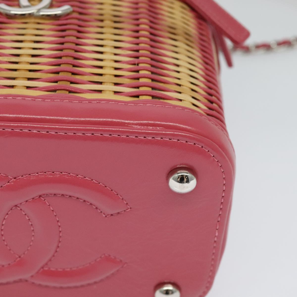 CHANEL Wicker Vanity Chain Shoulder Bag Rattan 2way Pink Silver CC Auth 114201SAM