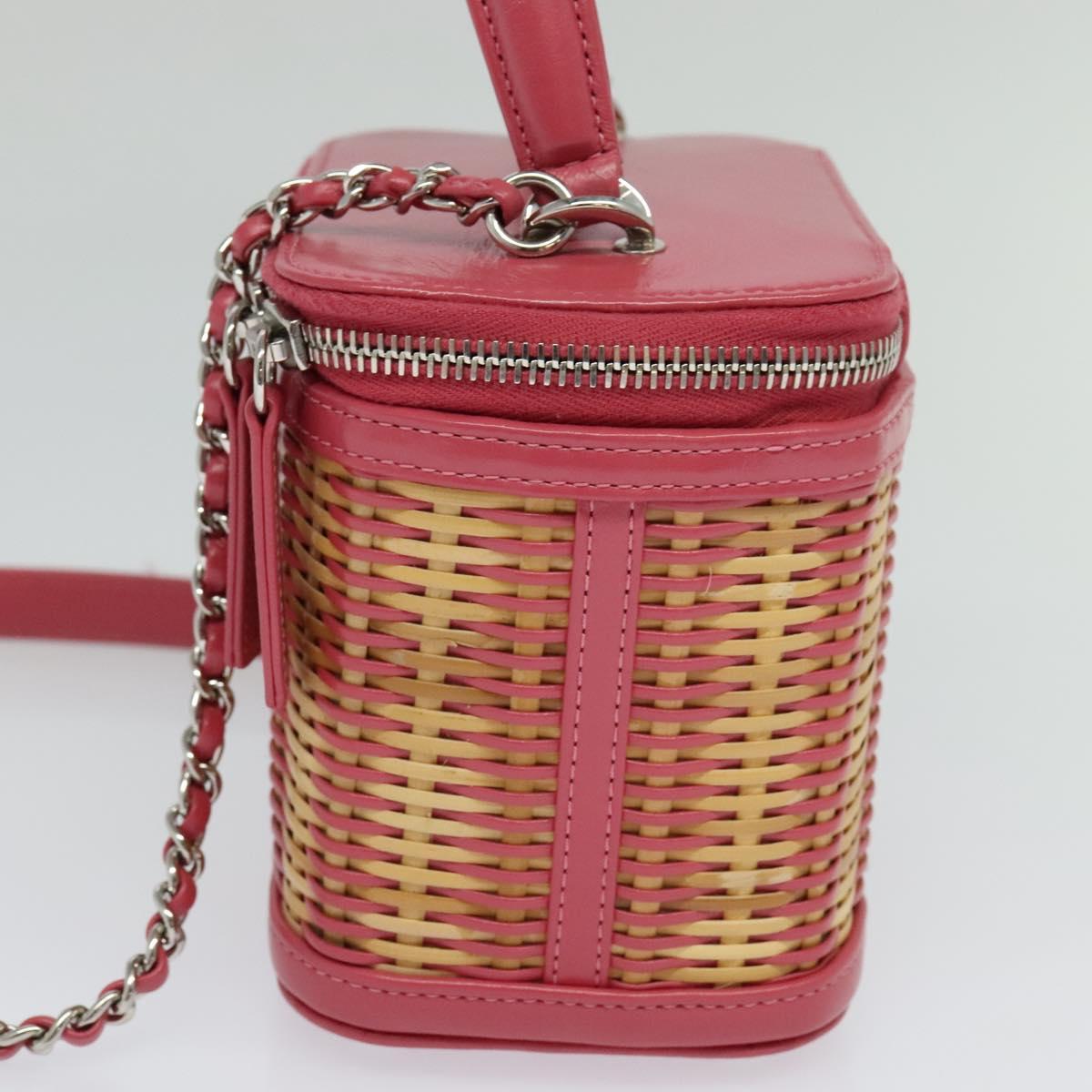 CHANEL Wicker Vanity Chain Shoulder Bag Rattan 2way Pink Silver CC Auth 114201SAM