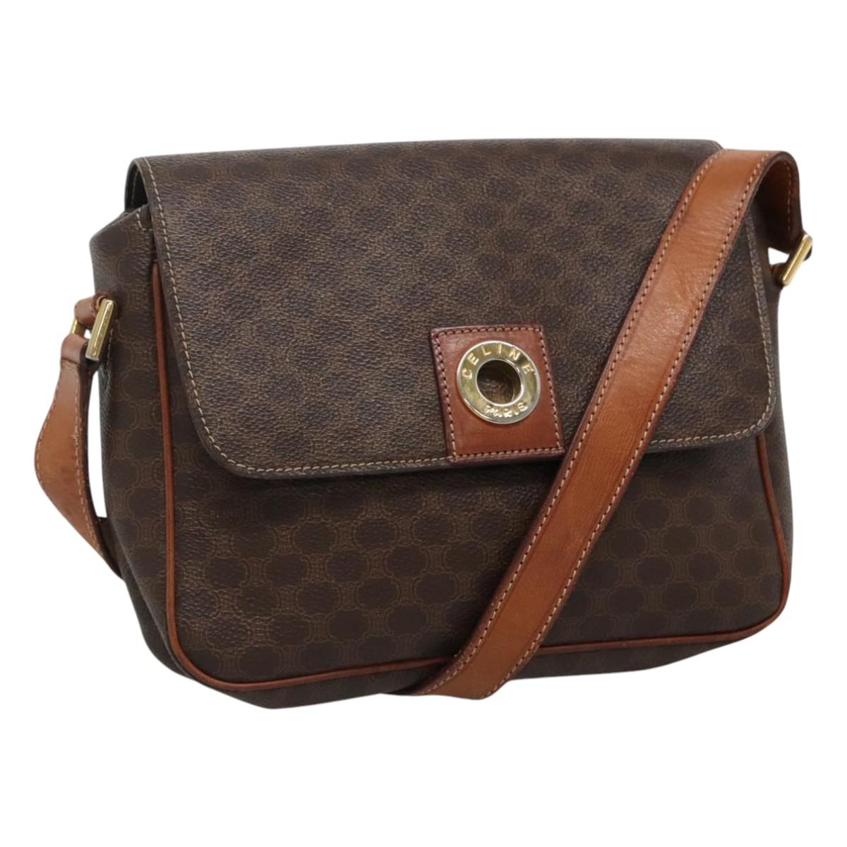 CELINE Macadam Canvas Shoulder Bag PVC Brown Gold Auth 114341