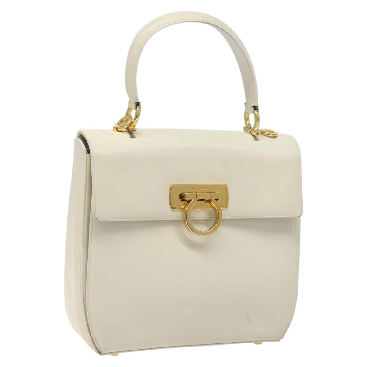 Salvatore Ferragamo Gancini Hand Bag Leather White Gold Auth 114378