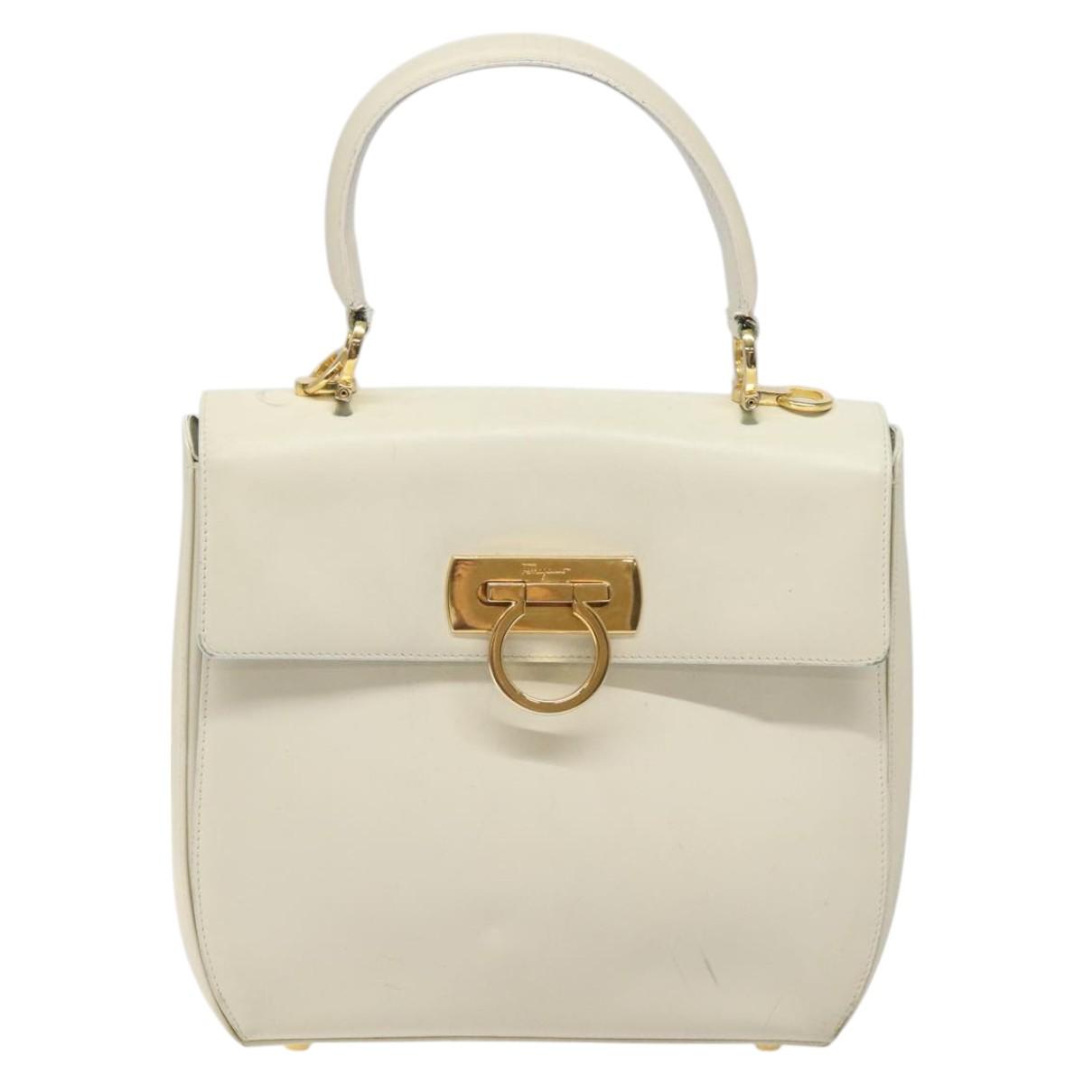 Salvatore Ferragamo Gancini Hand Bag Leather White Gold Auth 114378
