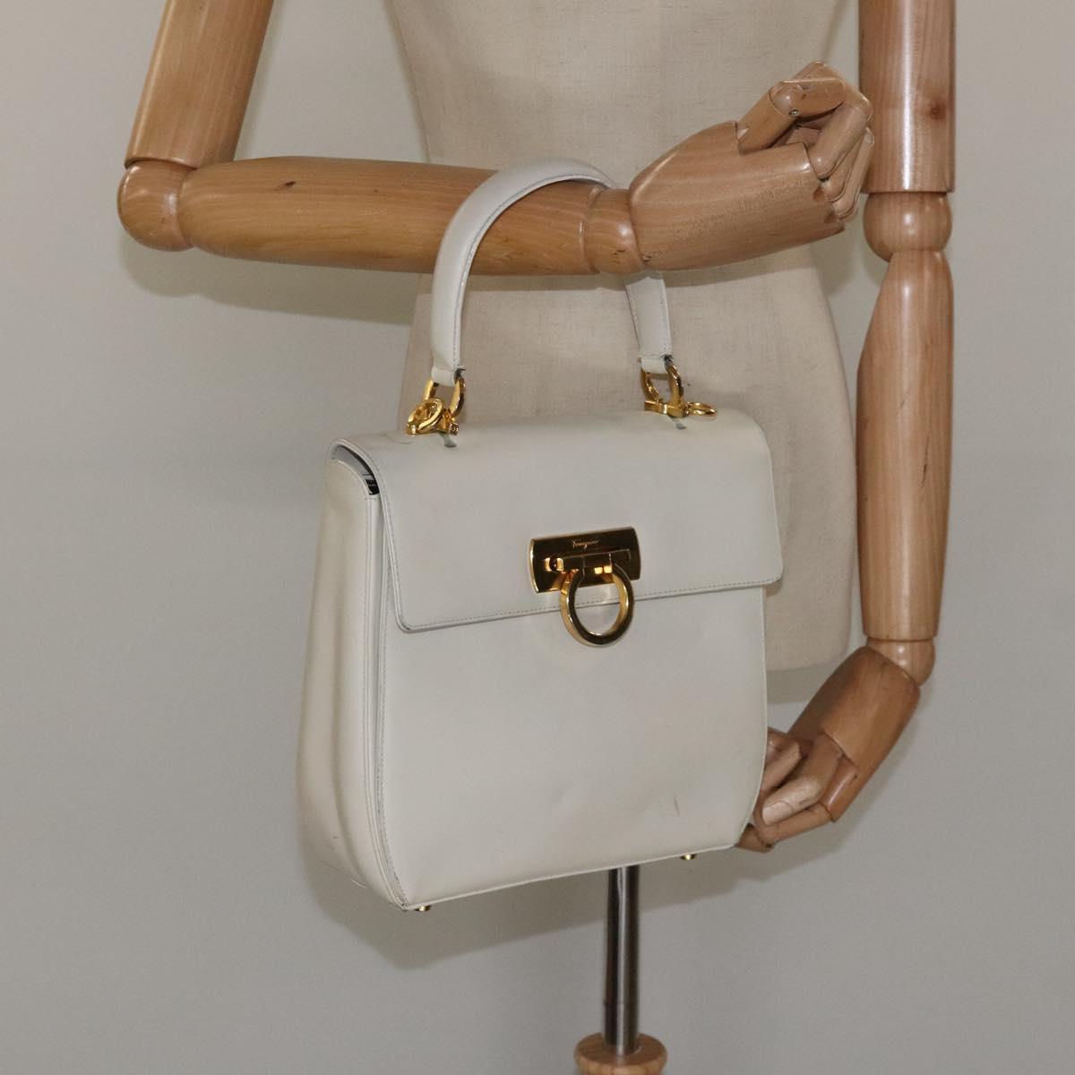 Salvatore Ferragamo Gancini Hand Bag Leather White Gold Auth 114378